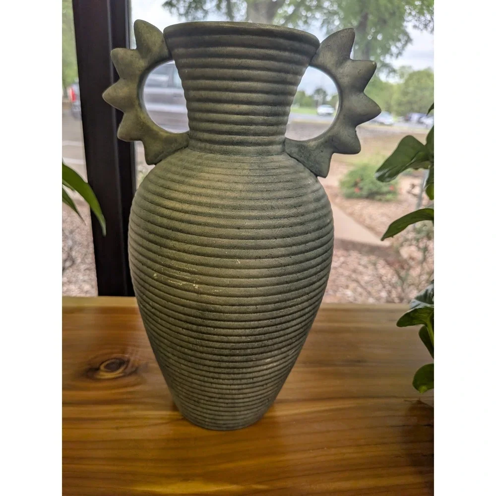 Anthropologie Boho Thara Vase Blue Ribbed Terracotta 10.5 In Tall